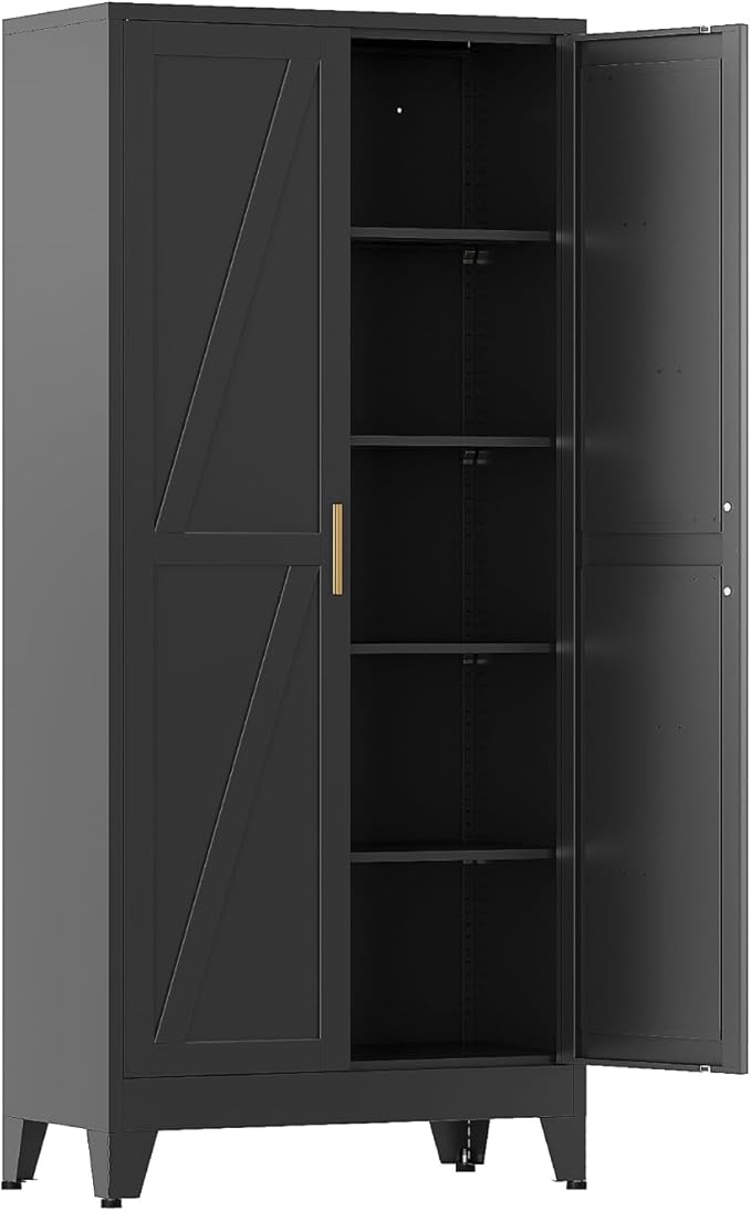 COFaR 71 in Tall Black Metal Cabinet, Metal Storage Cabinet with 4 Adjustable Shelves and Barn Doors, Farmhouse Cupboard Storage for Garage Kitchen Pantry Laundry, Black 5-Tier