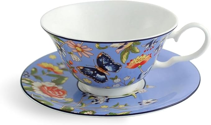 Aynsley Cottage Garden Windsor Fine Bone China Teacup & Saucer - 7.5oz (220ml), Elegant Windsor Shape, Christmas Gift for Tea Lovers, British Craftsmanship-Blue