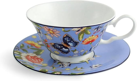 Aynsley Cottage Garden Windsor Fine Bone China Teacup & Saucer - 7.5oz (220ml), Elegant Windsor Shape, Christmas Gift for Tea Lovers, British Craftsmanship-Blue
