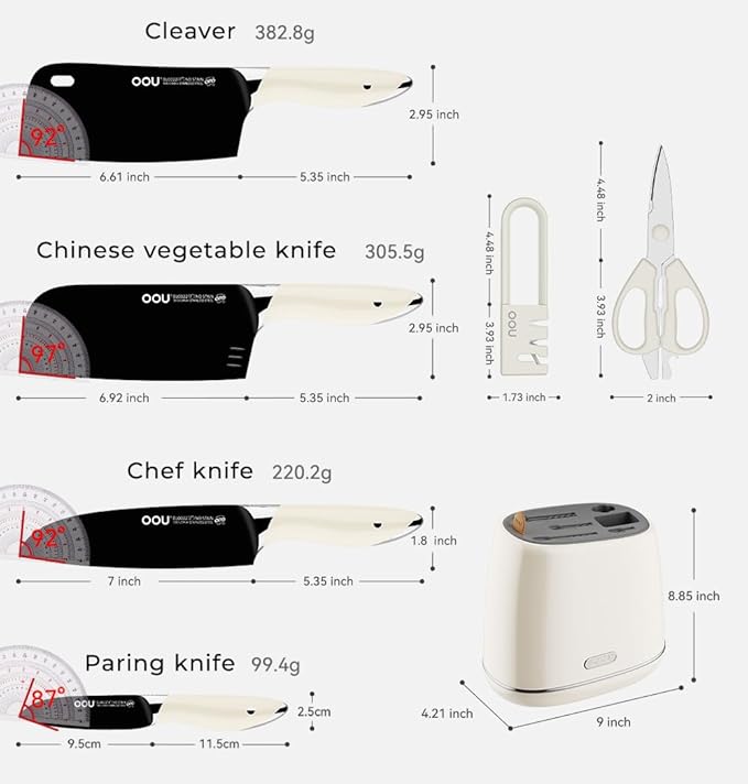 OOU Kitchen Knife Block Set - 15 Pieces High Carbon Stainless Steel Chef Knife Sets, Anti-Rust Black Knives Set with Sharpener竊똚hite