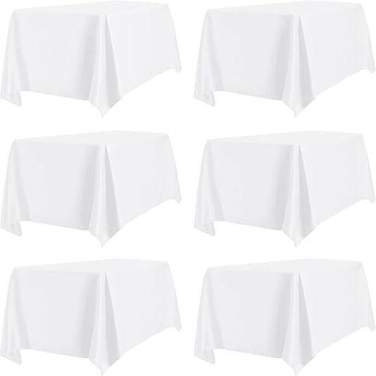 PureFit 6 Pack Rectangle White Table Cloths 90 x 132 Inch for 8Ft Tables, Stain and Wrinkle Resistant Table Linens for Home Use, Wedding, Party, Banquet and Camping