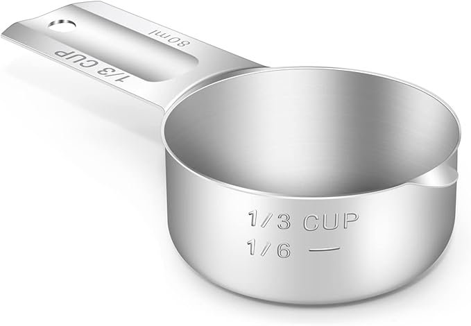 BERYLER 1PCS 1/3Cup (80ml, 2.7oz) Single Measuring Cup, Stainless Steel Measure Scoop, Metric and US Measurement, Dishwasher Safe