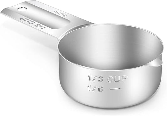 BERYLER 1PCS 1/3Cup (80ml, 2.7oz) Single Measuring Cup, Stainless Steel Measure Scoop, Metric and US Measurement, Dishwasher Safe
