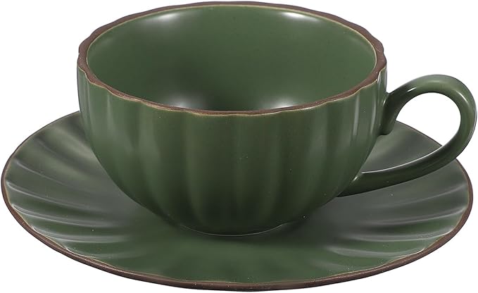 uxcell Handmade Vintage Espresso Cups, 8 oz Coffee Cups and Saucers Ceramic Tea Cup with Handle Dishwasher and Microwave Safe for Latte Cappuccino Milk Office Home Gifts, Dark Green