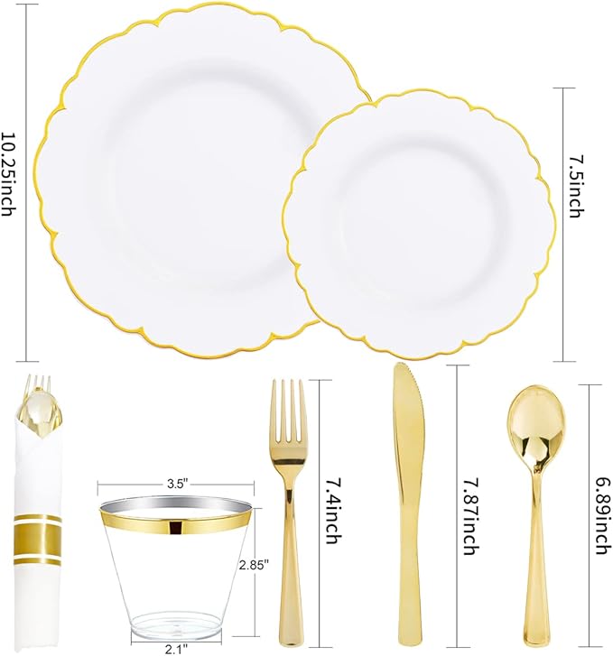 Morejoy 175PCS Gold Plastic Plates竊똚hite Gold Disposable Plates with Pre Rolled Napkins:25 Dinner Plates,25 Dessert Plates,25 Spoons,25 Forks,25Knives,25Cups,25Napkins for Party & Christmas