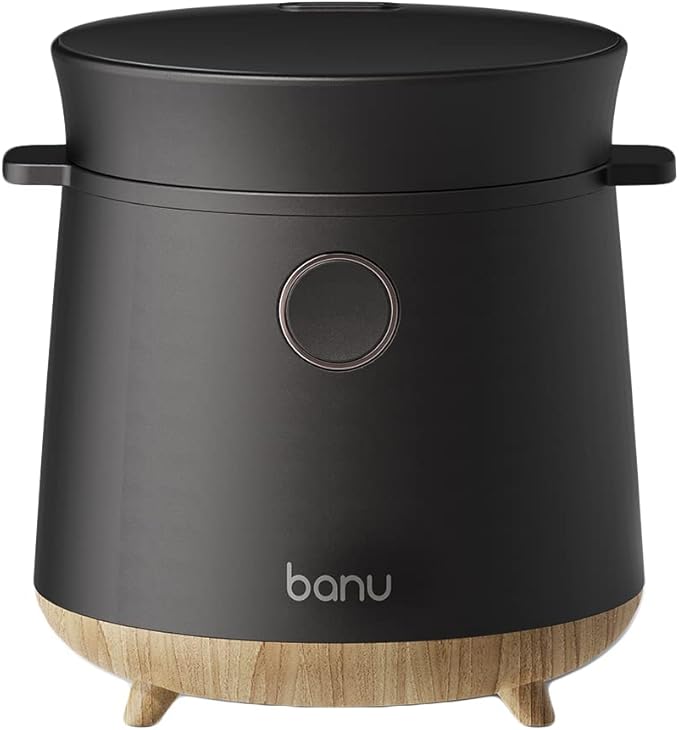 Banu Mini Low Carb Rice Cooker Japanese Low Carb Rice Cooker 3 Cups (white rice), 1 Cup (Low carb rice) Uncooked with Stainless Steel Steamer, Rice Maker Low Sugar Rice Function, 24H Delay Timer & Auto Keep Reduce One-Touch Cooking - Black