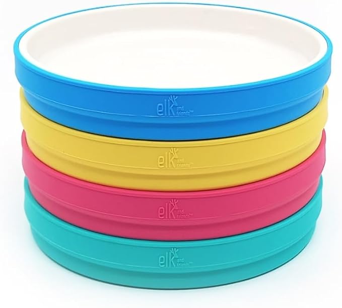 Elk and Friends Kids 7.8??Porcelain White Plates with Silicone Sleeves | Suitable for Babies/Toddlers | Microwave & Dishwasher Safe | Non Slip Dinnerware | Snack Dishes | 4 Pack