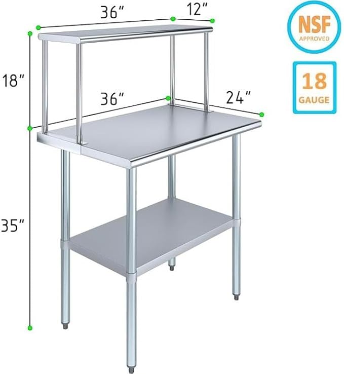 Stainless Steel Work Table with Wide Single Tier Overshelf | Metal Kitchen Prep Table & Shelving Combo (24" x 36" Work Table + 12" Overshelf)