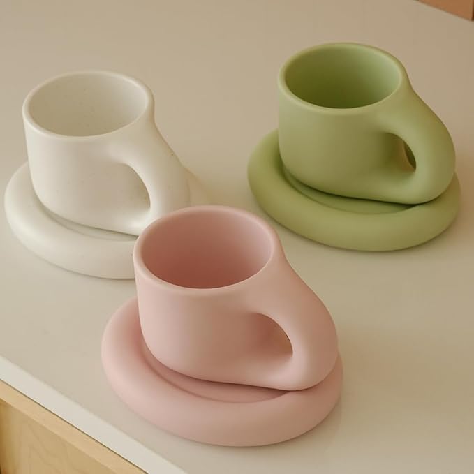WENSHUO Chubby Funny Coffee Mug, Novelty Cute Cup and Saucer, Matte Cr챔me, 9 oz (Mint Green)