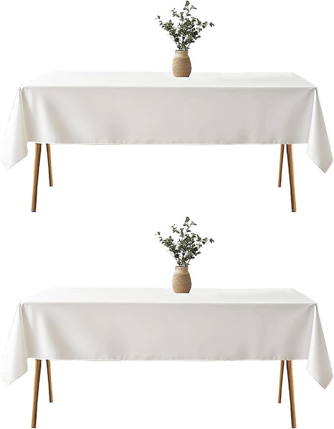 TWINPRET Rectangle Tablecloth 60 x 84 Inch, White Waterproof Washable Polyester Table Cloth - Stain & Oil Resistant Rectangular Table Cover for Banquet & Party (Fits 4 Foot Tables) [2 Pack]