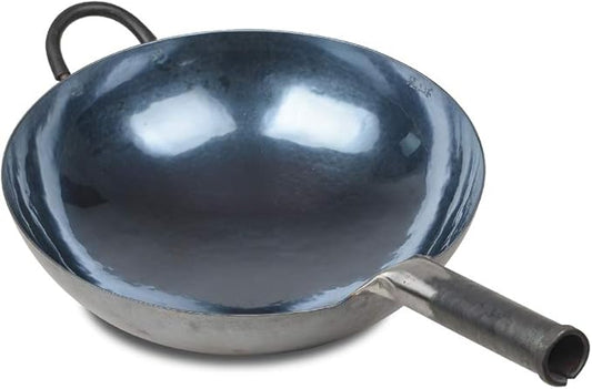 ?삡툒??ZhenSanHuan Chinese Hand Hammered Iron Woks and Stir Fry Pans, Non-stick, No Coating, Carbon Steel Pow (34CM, BlueBlack Seasoned with help handle)