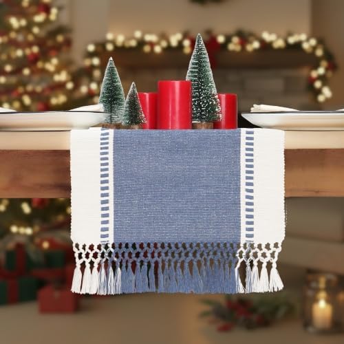 PurpleEssences Table Runner - Wide with Dobby Stripe, Heavy Ribbed Weave & Double Knot Fringes, 14x90 Inch (14x95.5 with Fringes) Farmhouse Decor - Christmas Holiday Winter- French Blue and H.White