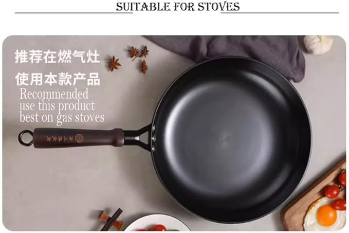 11.8"(30cm) Cast Iron Skillet Frying Pan Physical Non-Stick Cooking Pan with Wooden Handle, Use on the Gas & Electric Stove, Oven, Induction Cooktop, Grill or Over a Campfire,Fried Beef Steak