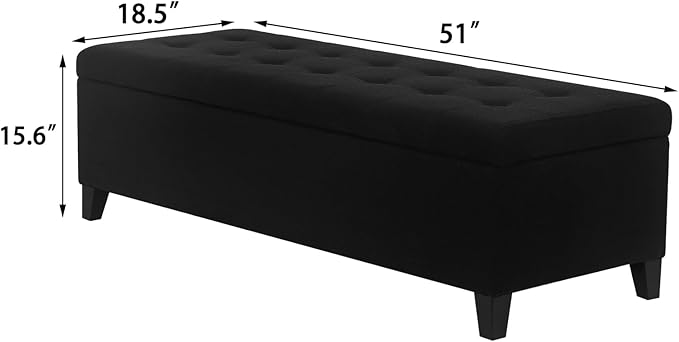 DECO DE VILLE Ottoman with Storage, 51 Inch End of Bed Storage Ottoman Bench, Linen Fabric Upholstered Ottomans with Hinged Lid, Rectangle Long Foot Rest Bench for Entryway Living Room Bedroom Black