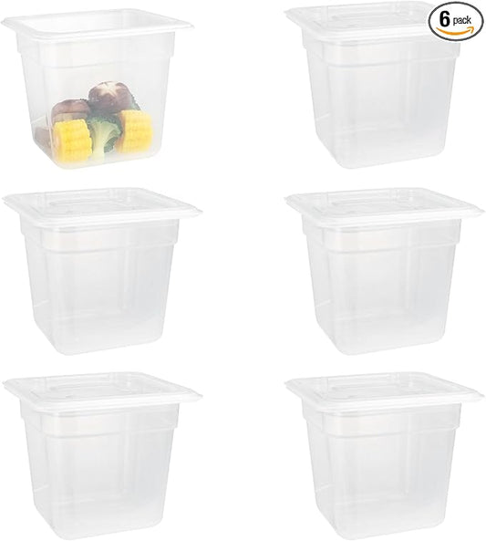 6-Pack Food Pan with Lids, 1/6 Size Food Storage Containers for homes, schools, restaurants, hotels Meal Prep, -40??160?? Stackable, Freezer-Safe (1/6 size 6 inch deep, 2.22L/2.35QT)