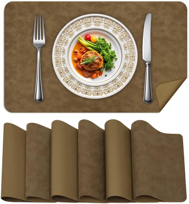 BLESWIN Faux Leather Placemats, Set of 6, 12횞17 Inch -Double Side Texture Color Table Mats, Heat-Resistant, Waterproof and Oil-Resistant, Suitable for Dining Room, Kitchen, Party, Outdoor - Khaki