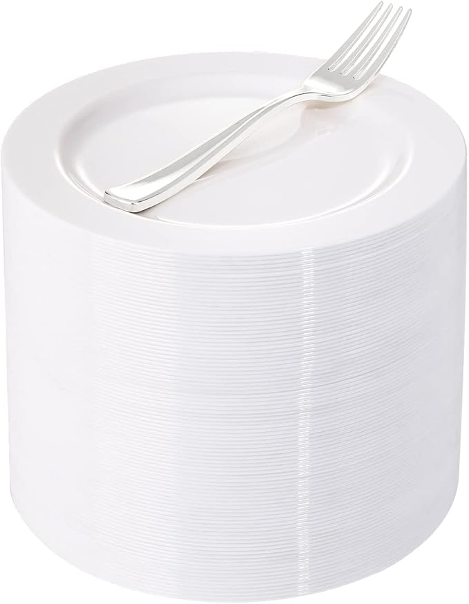 WELLIFE 100 Pieces White Plastic Dessert Plates with 100pcs Silver Disposable Forks, Premium Hard Salad Plate 7.5?? Appetizer Plastic Plates for Wedding, Party