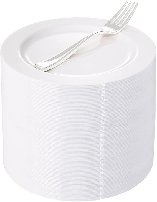 WELLIFE 100 Pieces White Plastic Dessert Plates with 100pcs Silver Disposable Forks, Premium Hard Salad Plate 7.5?? Appetizer Plastic Plates for Wedding, Party