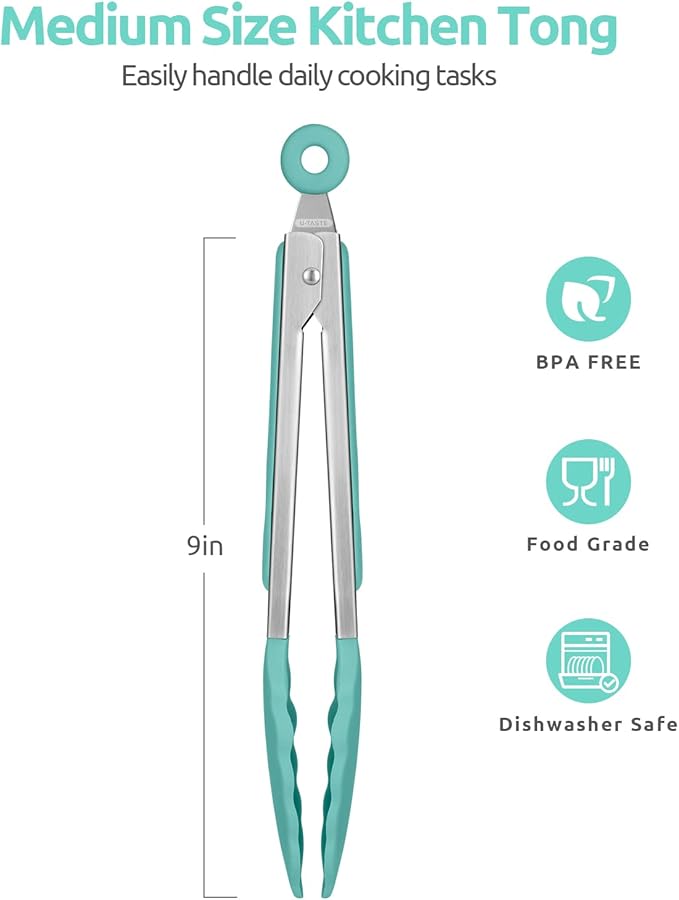 600쨘F Heat Resistant Kitchen Tongs: U-Taste 9 inch Silicone Cooking Tong with Firm Sealed Non Stick Rubber Tips & Silicon Coated 18/8 Stainless Steel Handle & Smooth Locking for Serving Salad-Aqua Sky