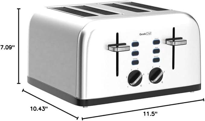 Toaster 4 Slice, Geek Chef Stainless Steel Toaster with Extra Wide Slotsï¼? Slot Toaster with Bagel/Defrost/Cancel Function, Dual Control Panel of 6 Toasting Bread Shade Settings, Removable Crumb Trays, High Lift Lever, ETL