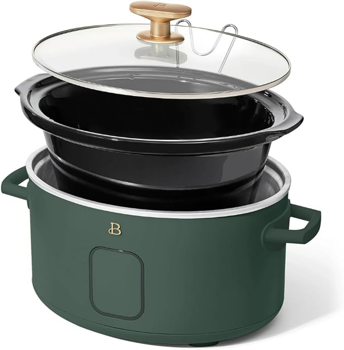 Beautiful 6 Quart Programmable Slow Cooker by Drew Barrymore ??Large Capacity, Ceramic Removable Pot, Tempered Glass Lid, Dishwasher Safe, Auto Keep Warm (Thyme Green)