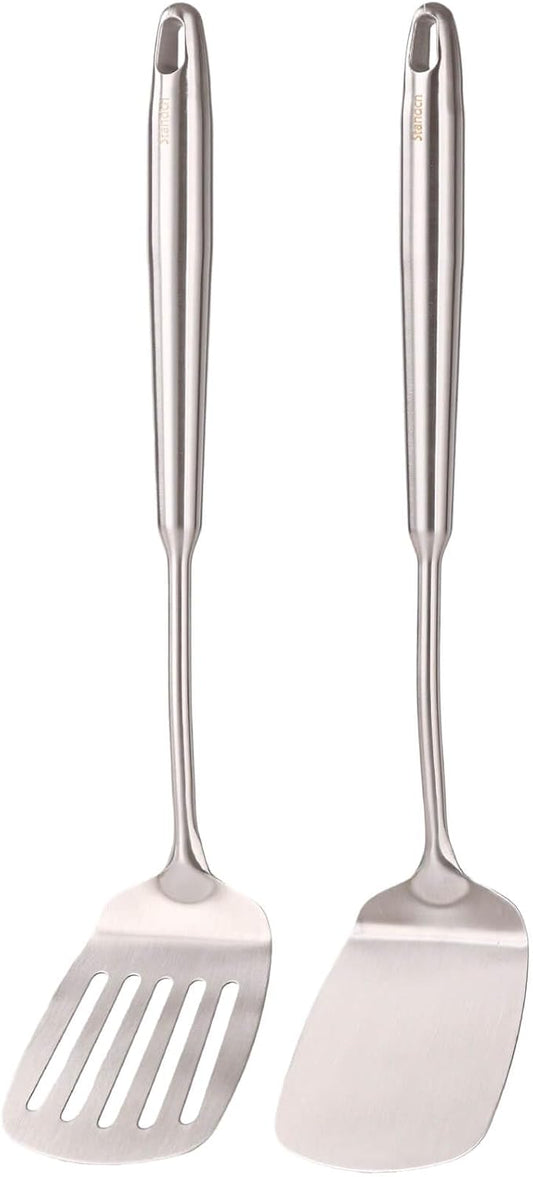 18/10 Stainless Steel Spatulas Set - All Metal Spatulas for Kitchen Use or Outdoor Grilling, 14.7??Long, Non Toxic, Heavy Duty, Commercial, Chef Grade - 1 Slotted Spatula + 1 Solid Turner for Cooking
