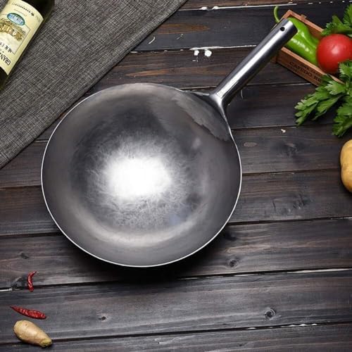 Authentic 14-Inch Hand Hammered Carbon Steel Wok, Non-Stick Stir Fry Pan, Traditional Flat Bottom for Even Heating, Perfect for High-Temperature Cooking, Durable Kitchen Essential