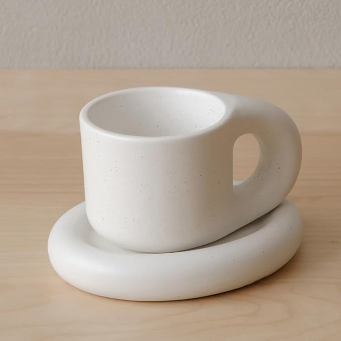 WENSHUO Chubby Funny Coffee Mug, Novelty Cute Cup and Saucer, Matte Cr챔me, 9 oz (Nacre White)