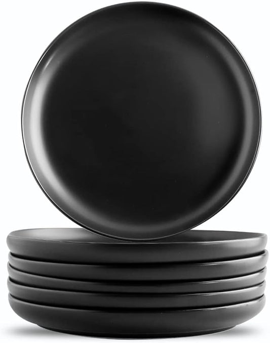 KOOV Ceramic Dinner Plates Set of 6, 10.25 Inch Large Porcelain Plates for Salad, Pasta, Kitchen Serving Dish, Reactive Glazed (Matte Black)
