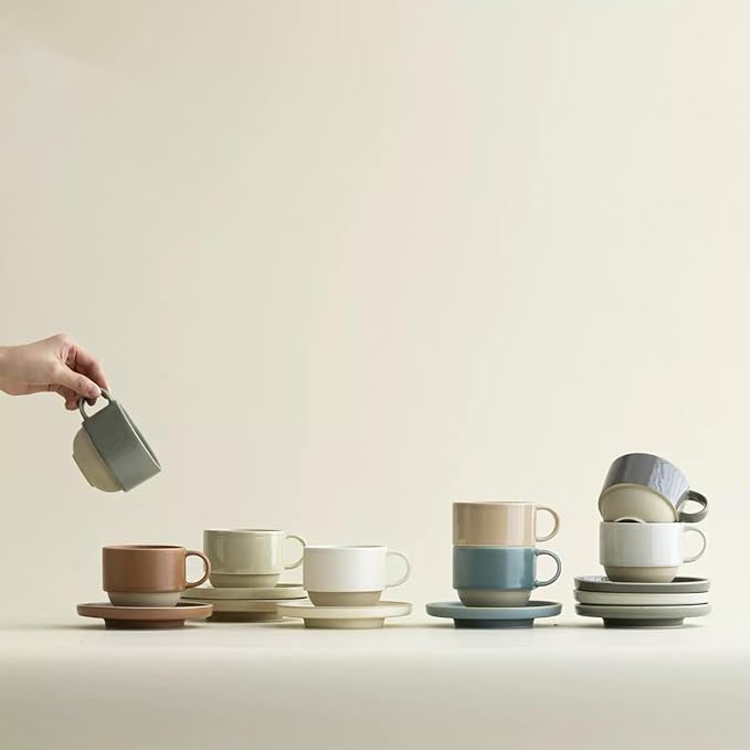 Stackable 8oz Minimalist Handmade Ceramic Cappuccino Cup with Saucer ??Small Stoneware Coffee Mug, Lead-Free Latte Art Mug竊똇andmade Pottery tea mug or tea cup (Matte Gray)