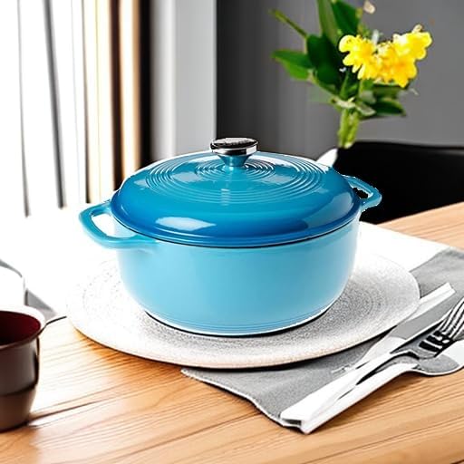Lodge 6 Quart Enameled Cast Iron Dutch Oven with Lid ??Dual Handles ??Oven Safe up to 500째 F or on Stovetop - Use to Marinate, Cook, Bake, Refrigerate and Serve ??Cornflower Blue
