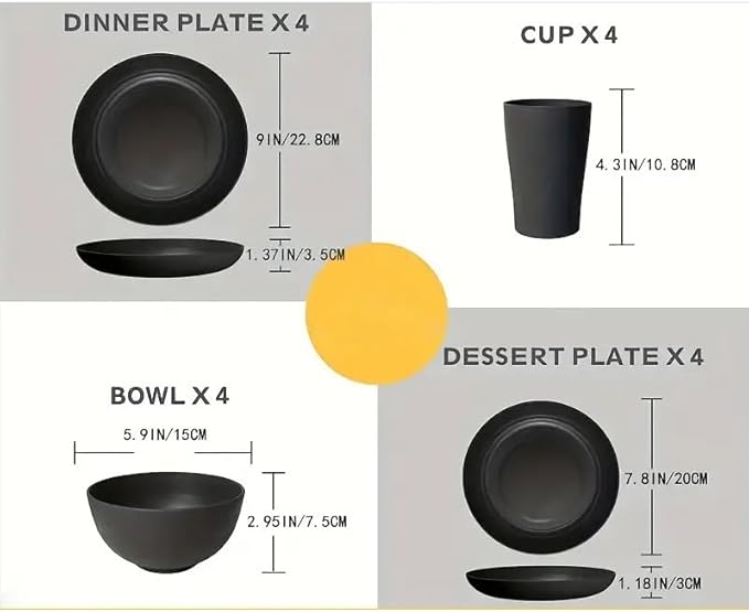 24-Piece Wheat Straw Plates and Bowls Set for 6, Black Unbreakable Dinnerware, Dishwasher & Microwave Safe, Reusable Eco-Friendly BPA-Free for Picnic Birthday Camping Outdoor Dining