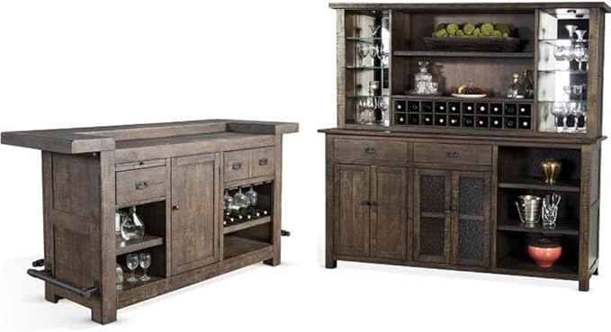 Home Bar and Storage Buffet Cabinet with Hutch in Tobacco Leaf 2 Piece Set
