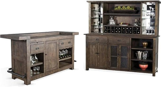 Home Bar and Storage Buffet Cabinet with Hutch in Tobacco Leaf 2 Piece Set