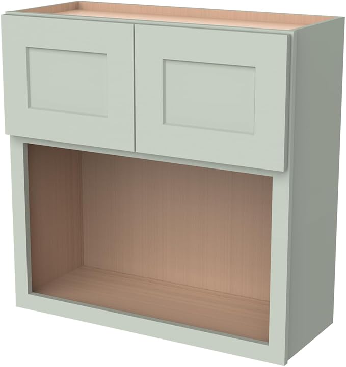 Solid Wood RTA Wall Microwave Cabinet with Open Shelves ??Shaker Style, Space-Saving Kitchen Pantry Storage, Durable and Versatile Wall-Mounted Organizer (SK-Jade Green, 30" W x 24" D x 42" H)