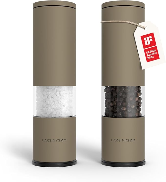 LARS NYS횠M Salt and Pepper Grinder Set Manual, Stainless Steel Salt and Pepper Mills with Adjustable Ceramic Grinder I Design Spice Shakers (Taupe Brown)
