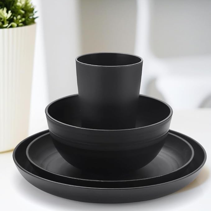 24-Piece Wheat Straw Plates and Bowls Set for 6, Black Unbreakable Dinnerware, Dishwasher & Microwave Safe, Reusable Eco-Friendly BPA-Free for Picnic Birthday Camping Outdoor Dining