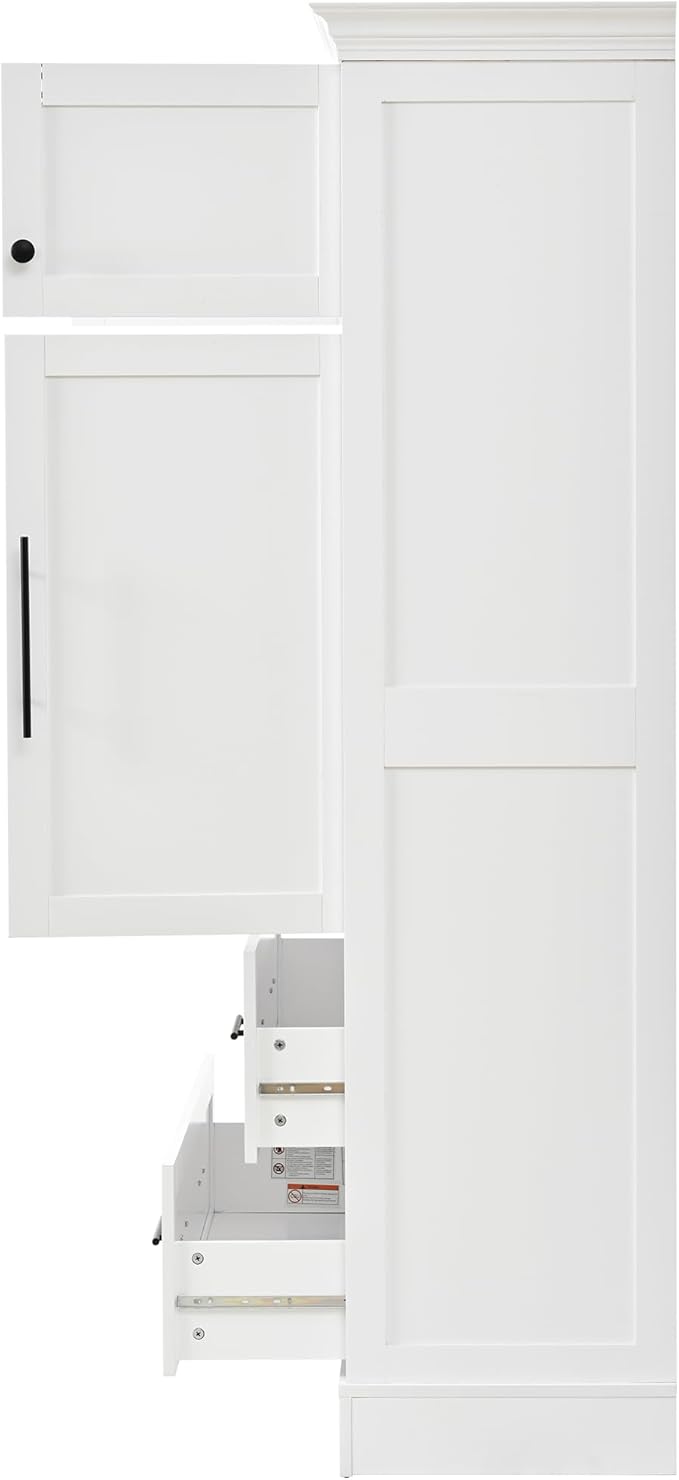 Merax 72.6" Farmhouse Kitchen Pantry Cabinet with Pull-Out Trays & Drawers, Freestanding Pantry with Cake Pan Storage, 4-Door Shaker Style Storage Cabinet, 40" L x 18" W, White