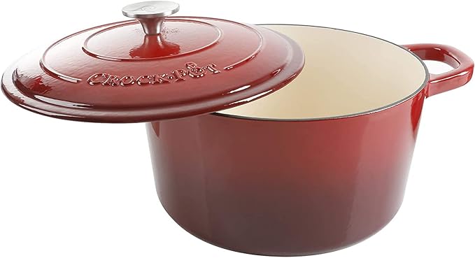 Crock Pot Artisan 5-Quart Round Enameled Cast Iron Dutch Oven ??Red, Durable Heavy-Duty Cookware for Slow Cooking, Roasting, Baking with Lid