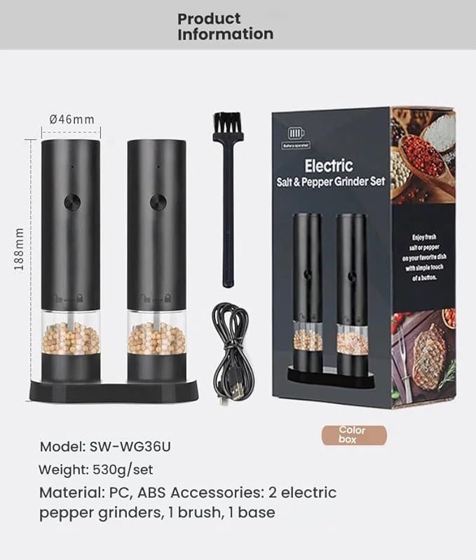 Electric Salt and Pepper Grinder Set With Battery Rechargeable, External Adjustable Coarseness, Automatic Ceramic Salt & Pepper Shakers Mills(Black)