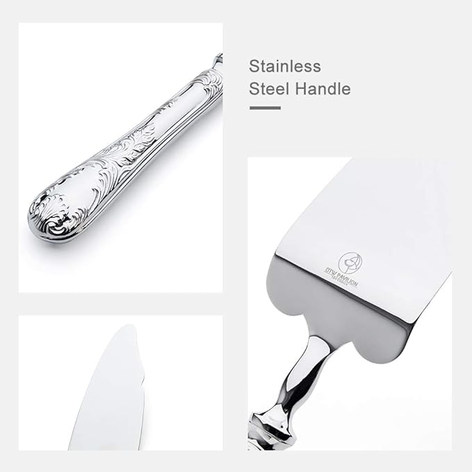 2 Piece Wedding Cake Server Set,18/10 Stainless Steel Dessert Set Pie Server Cake Cutter Knife for Birthday,Anniversary,Holiday,Baby Shower,Party (Versailles, Stainless steel-V)