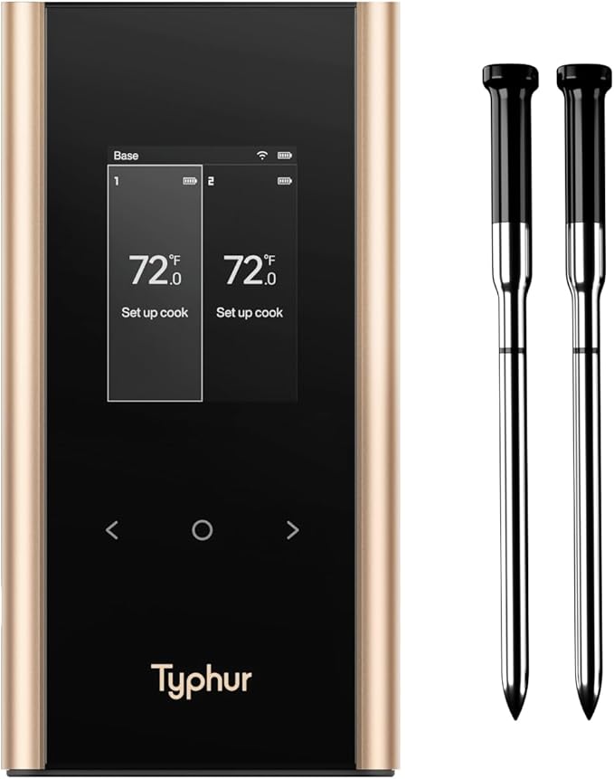 Typhur Sync Gold Wireless WiFi Meat Thermometer, 2 Slim Probes, 6 Sensors, 10x Stronger Signal, 짹0.5??Accuracy, Smart Base Direct Setup, Reliable Reading Through Kamado Grill BBQ Oven Smoker Air Fryer