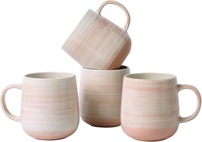 Coffee Mugs, Set of 4 Pink Ceramic Mugs with Subtle Stripe Texture - 12oz Cups, Microwave & Dishwasher Safe, Modern Minimalist Design for Home, Office, Gift Giving
