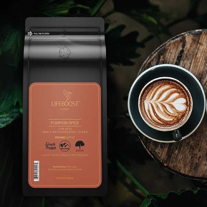 Lifeboost Pumpkin Spice Coffee Ground ??Organic, Low Acid, Non-GMO, Single Origin Medium Roast ??Mycotoxin-Free Cozy Flavored Fall Coffee, 12 oz