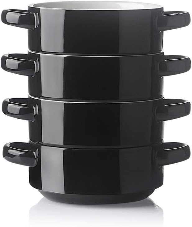 Sweejar Ceramic Soup Bowls with Double Handles, 20 Oz Stacked Bowls for French Onion Soup, Cereal, Pot Pies, Stew, Chill, Pasta, Set of 4 (Black)