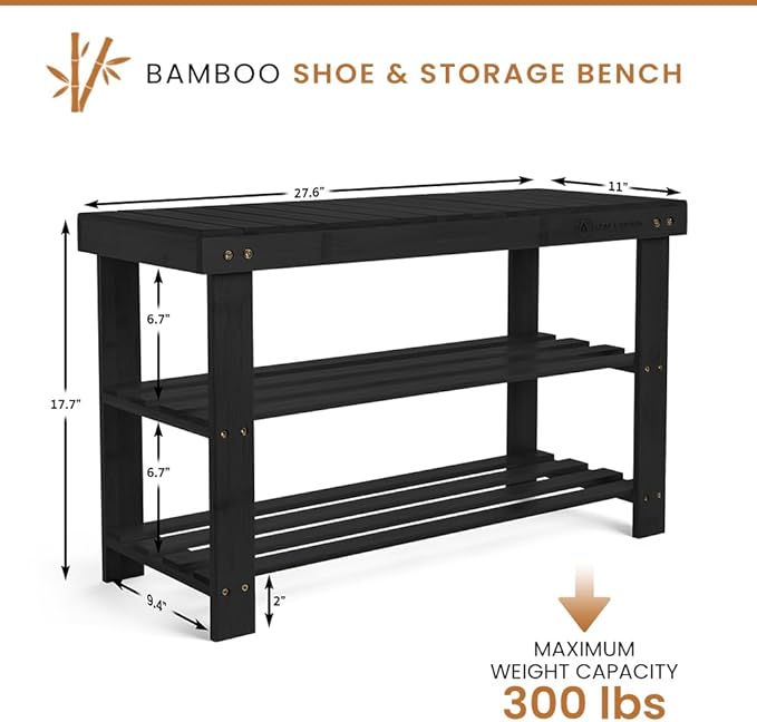 Leaf & Grain Bamboo Shoe Rack - Shoe Storage Bench for Front Door Entrance ??Entryway Bench with Shoe Shelf, Shoe Storage Organizer, Wooden Shoe Rack, Durable Shoe Bench for Home (Black)