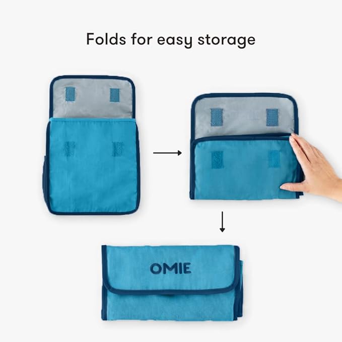 Omie OmieBox Lunch Bag - Washable, Foldable, Durable, WaterResistant Fabric with Interior Pocket and External Bottle Holder (Blue)