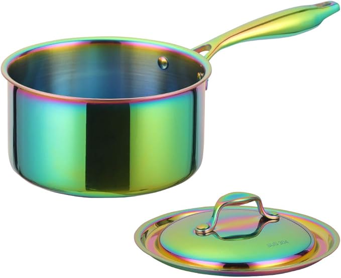BuyGo 18/8 Stainless Steel Saucepan, 2.5 Quart Rainbow Pan with Heat Resistant Long Handle, 3-Layer Multipurpose Cookware Pot, Compatible Stovetops: Gas, Electric, Dishwasher Safe