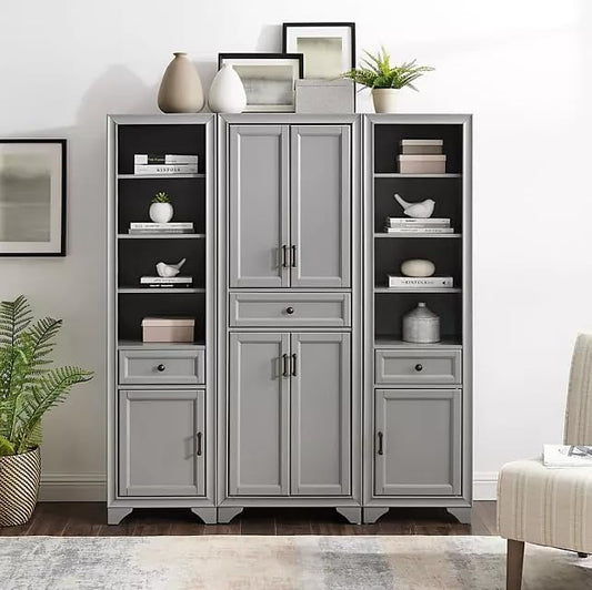 3-Piece Kitchen Storage Cabinet Set, Tall Pantry with Shelves and Drawers, Modern Farmhouse Style, (Distressed Gray)