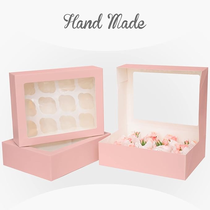qiqee Auto-pop Up Cupcake Boxes with Window Pink 40PCS 12 Count Cupcake Box 13"x10"x3.5" Cupcakes Carrier, 12 Cupcake Containers with 2 rolls of pink ribbons
